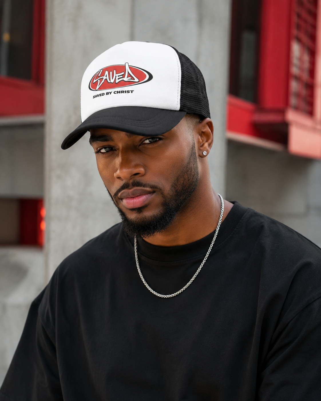 Saved by Christ Faith Trucker Hat – Black & White